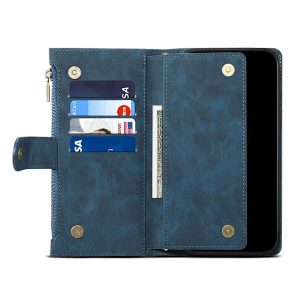 iPhone 14 Plus Plånboksfodral Flap Zipper Strap - Blå