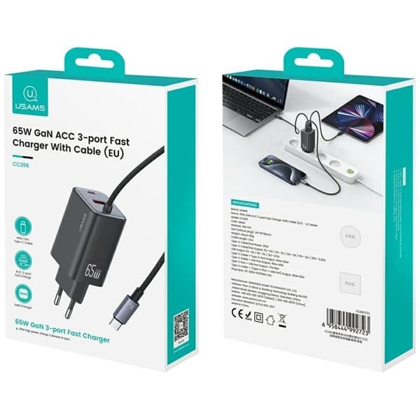 USAMS Hurtigoplader 65W 2xUSB-C 1xUSB-A GaN JC - Hvid Vit