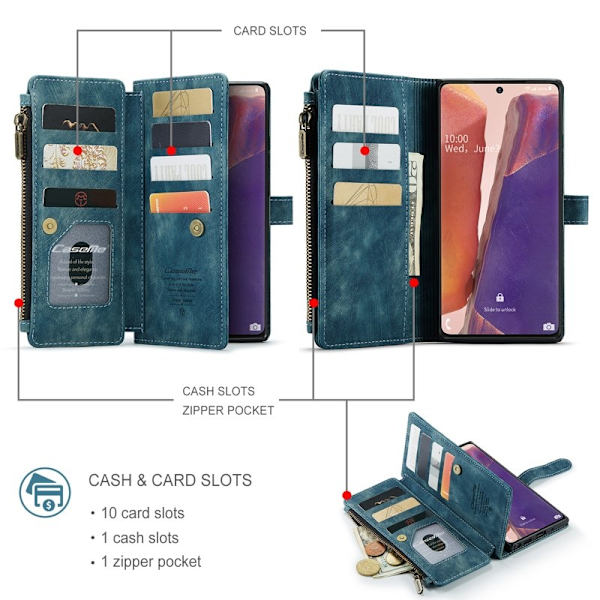 CASEME Konstläder Plånboksfodral för Samsung Galaxy Note20 - Blå