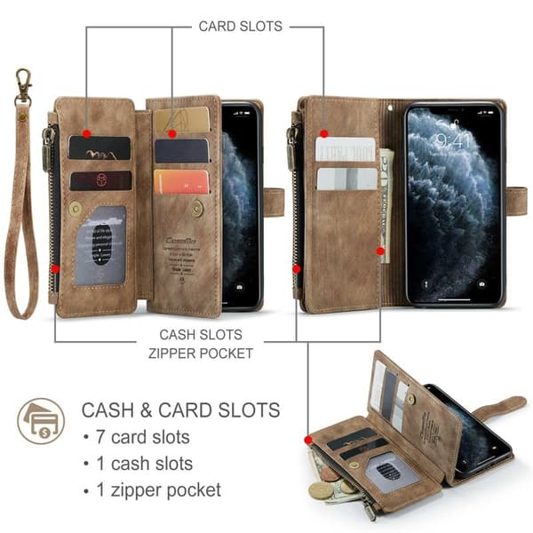 CASEME Konstläder Plånboksfodral för iPhone 11 Pro med rem - Brun