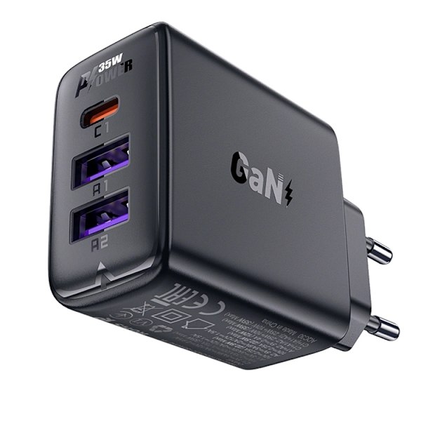 Acefast A57 PD 35W GaN Väggladdare 2 x USB-A + USB-C - Svart Svart
