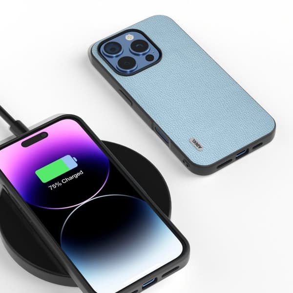 ABEEL Mobilskal till iPhone 16 Pro Litchi Textur Äkta Läder - Blå