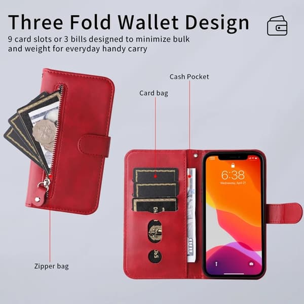 iPhone 17 Pro Max Konstläder Plånboksfodral Zipper - Röd Röd