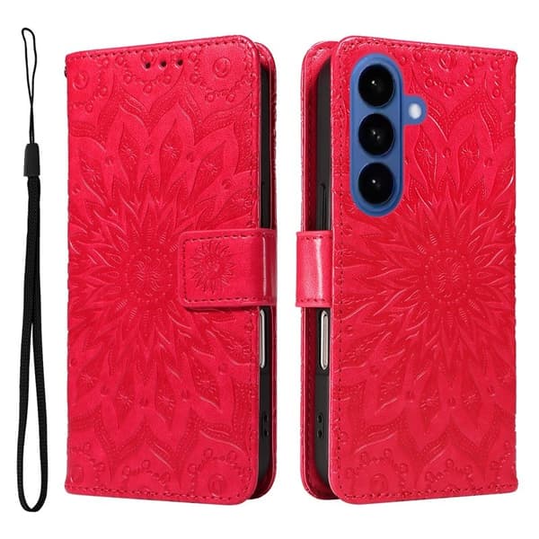 Samsung Galaxy S26 Plus Plånboksfodral Konstläder Solrosmönster - Röd