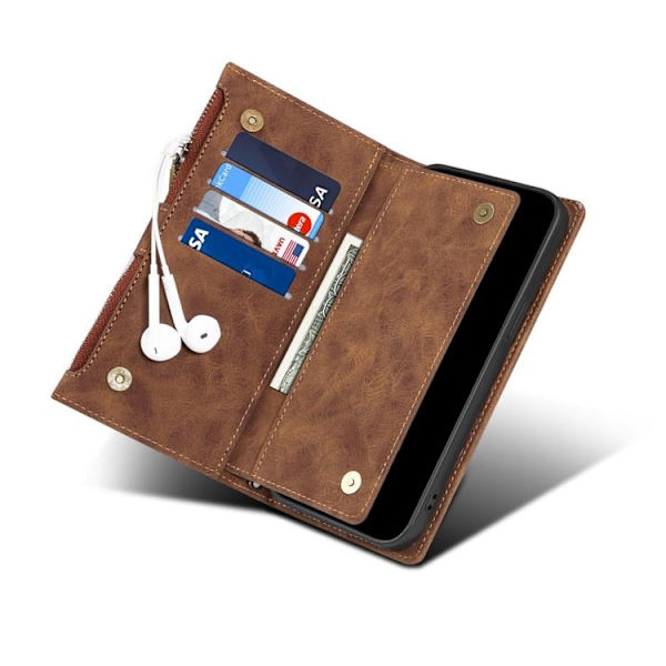 iPhone 14 Plus Plånboksfodral Flap Zipper Strap - Brun