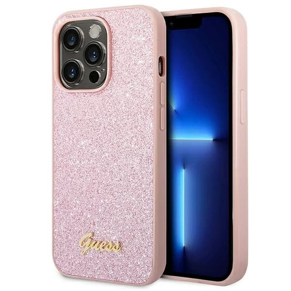 GUESS iPhone 14 Pro Max Skal Glitter Flakes Script Metal Logo - Rosa Rosa