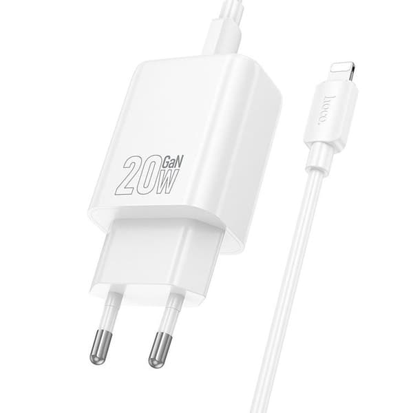 HOCO Väggladdare USB/USB-C 20W USB-C/Lightning Kabel N61 PD QC Vit
