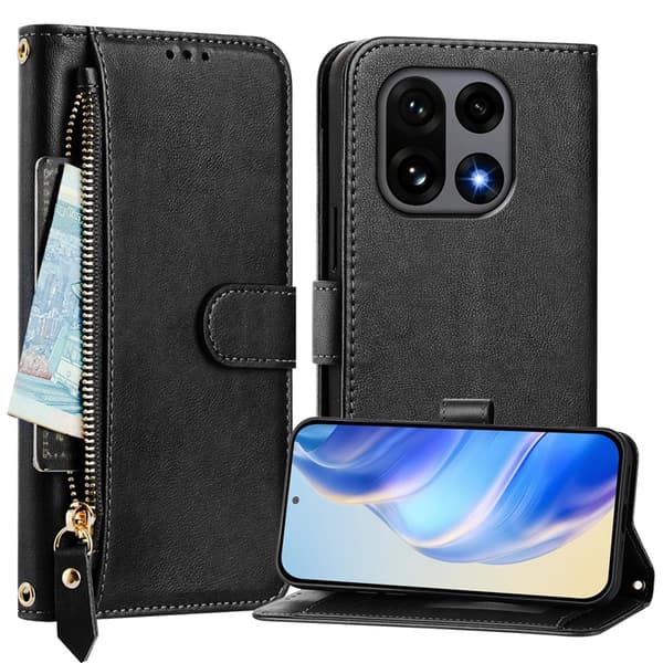 OnePlus 15 Plånboksfodral Zipper Pocket Multiple Konstläder Svart