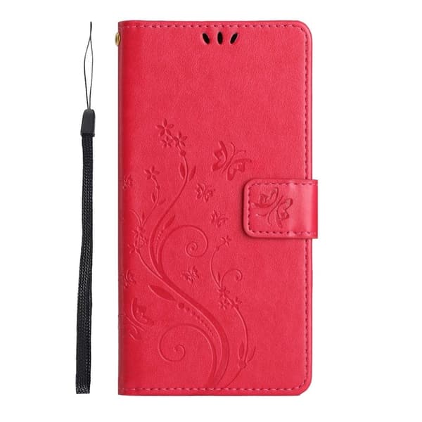 Samsung Galaxy S26 Plus Plånboksfodral Konstläder Fjäril Blommor - Röd
