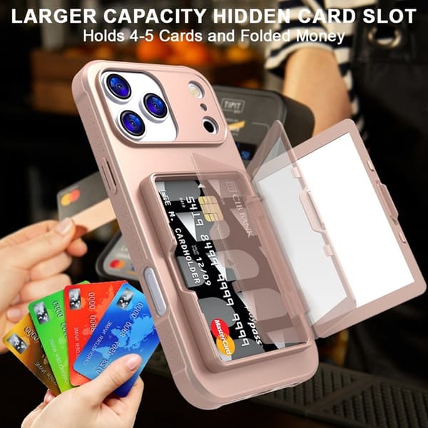 Mobilskal till iPhone 17 Pro Max Korthållare Mirror Kickstand Roséguld