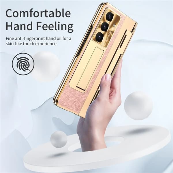 Mobilskal till Galaxy Z Fold7 5G läder + PC Kickstand - Guld+Rosa Guld
