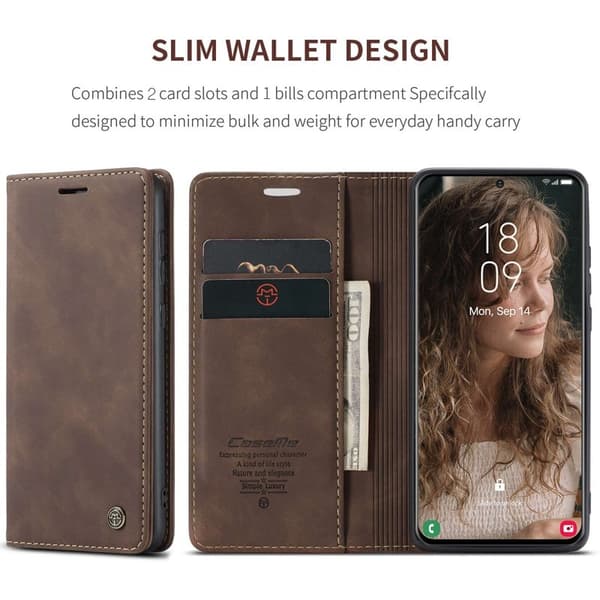 CASEME Series Konstläder Plånboksfodral Mobilskal för Samsung Galaxy S21 Brun