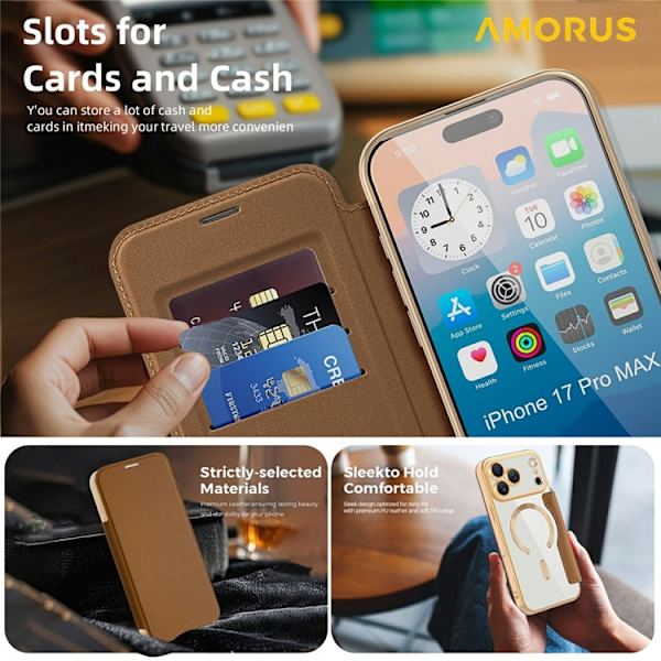 AMORUS iPhone 17 Pro Plånboksfodral MagSafe RFID-Skydd - Brun Brun