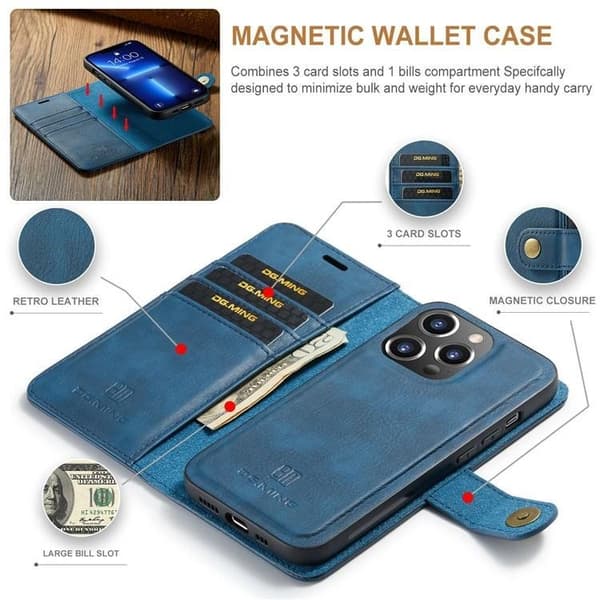 DG.MING iPhone 15 Pro Max lompakkokotelo Aito nahka 2in1 - Sininen Blå