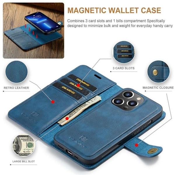DG.MING iPhone 15 Pro Max Plånboksfodral Äkta Läder 2in1 - Blå Blå