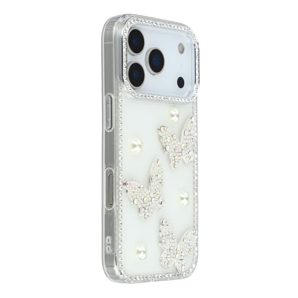 Mobilskal till iPhone 17 Pro Rhinestone Edge Pearl Butterfly Vit