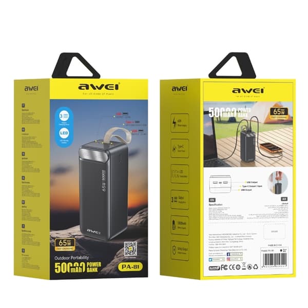 Awei Powerbank 50000mAh 65W 2xUSB-C 2xUSB-A PA-81 - Svart