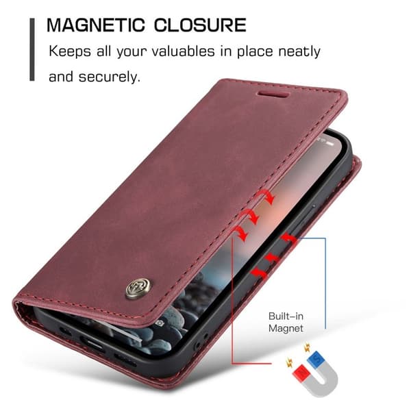 CASEME 013 iPhone 15 Pro KonstläderPlånboksfodral Ställ - Röd