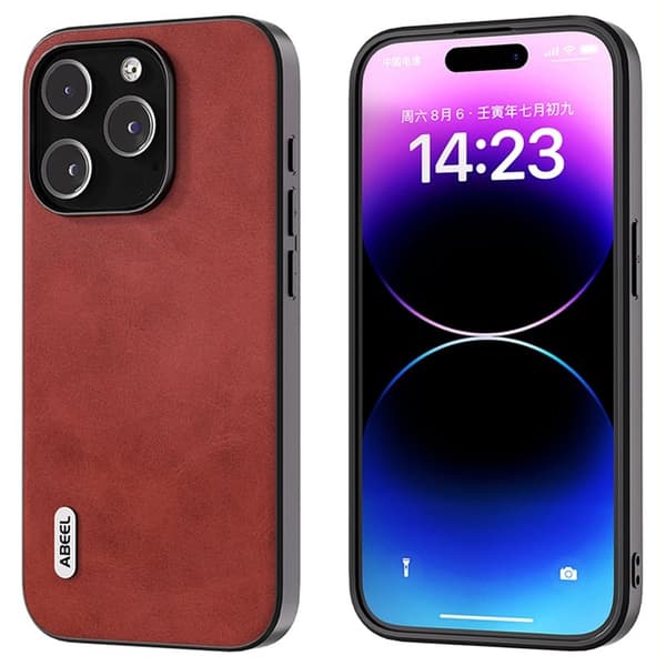 ABEEL Mobilskal till iPhone 15 Pro Drop Proof Röd Cowhide Textur TPU