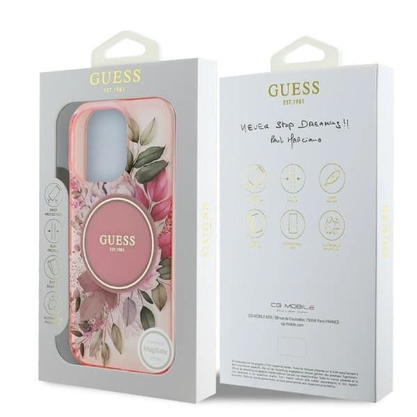 Guess telefontaske til iPhone 16 Pro Max MagSafe IML Blomst og tonecirkel Rosa