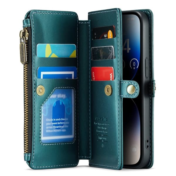 CASEME Plånboksfodral Konstläder för iPhone 14 Pro med kortfack - Grön