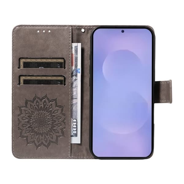 Samsung Galaxy S26 Plus Plånboksfodral Konstläder Solrosprägling - Grå
