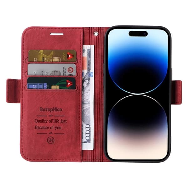 BETOPNICE 001 iPhone 15 Pro Max Plånboksfodral Shockproof Konstläder - Röd