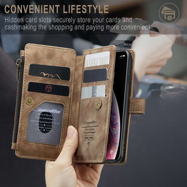 CASEME C30 Plånboksfodral för iPhone X/XS med rem, brun Konstläder