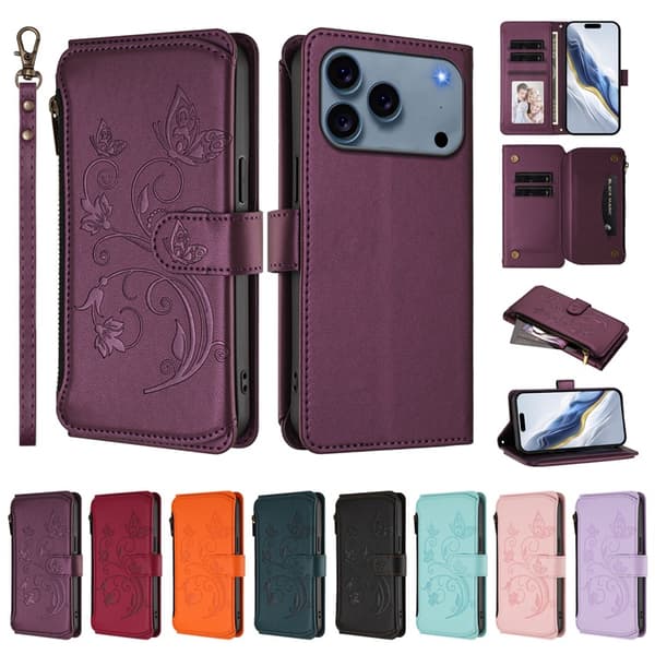 iPhone 17 Pro Max Plånboksfodral Butterfly Floral Imprint - Lila Lila