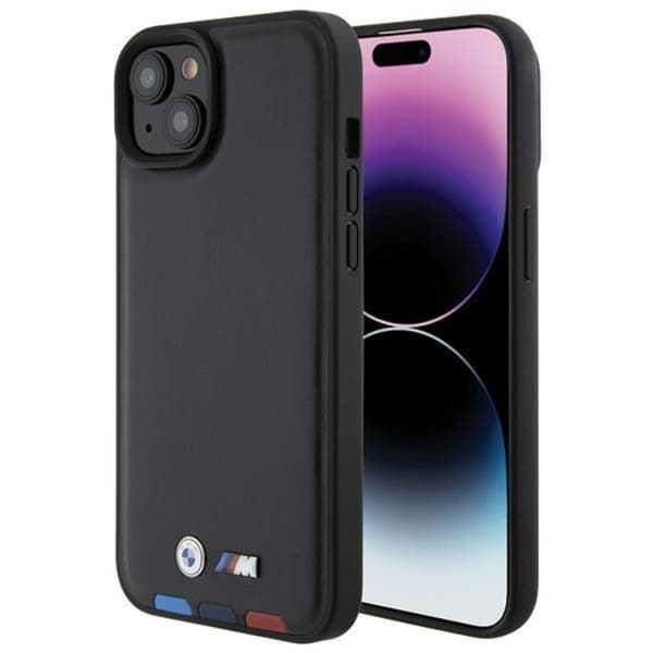BMW Mobilskal till iPhone 15 Plus Läder Stamp Tricolor - Svart Svart