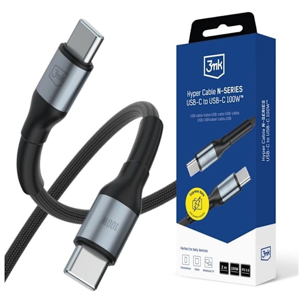 3MK USB-C til USB-C 100W Kabel 20V/5A 2m N-SERIE Hyper - Sort Svart