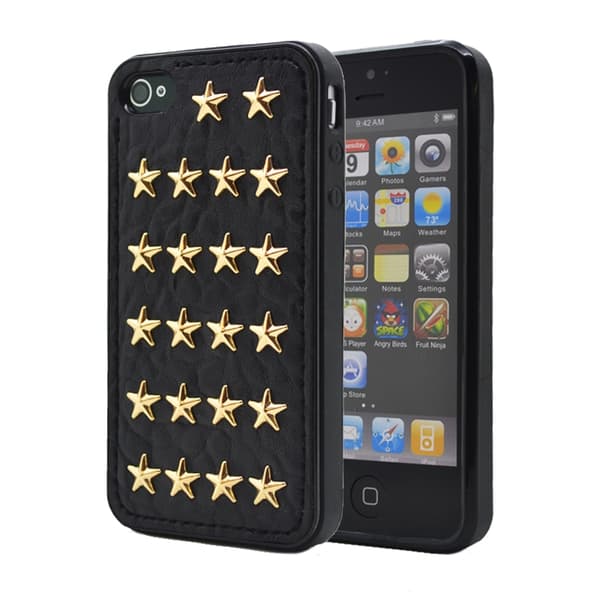 Studded leather pattern FlexiSkal till Apple iPhone 4S/4 (Golden Stars) Svart