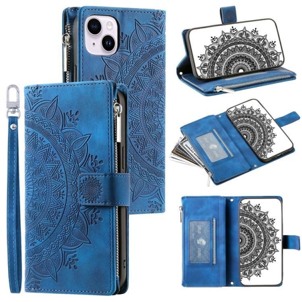 iPhone 15 Plus -lompakkokotelo Mandala-kukkapainotettu - sininen