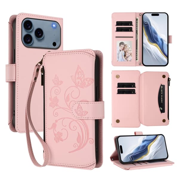 iPhone 17 Pro Max Plånboksfodral Butterfly Floral Imprint - Rosa Rosa
