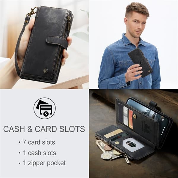CASEME Konstläder Plånboksfodral för iPhone 15 Pro Max med rem - Svart