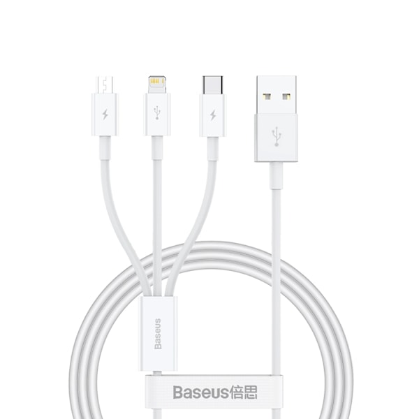 Baseus 3in1 USB-A till USB-C Lightning microUSB kabel 1m 3.5A Vit
