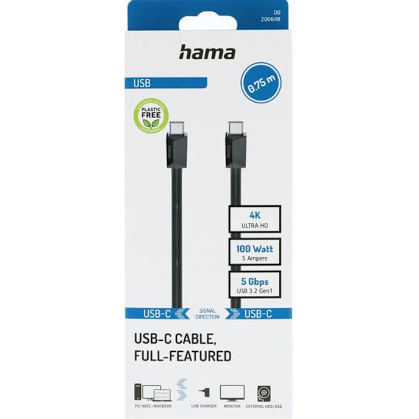Hama USB-C til USB-C Kabel 3.2 0.75m - Sort Svart