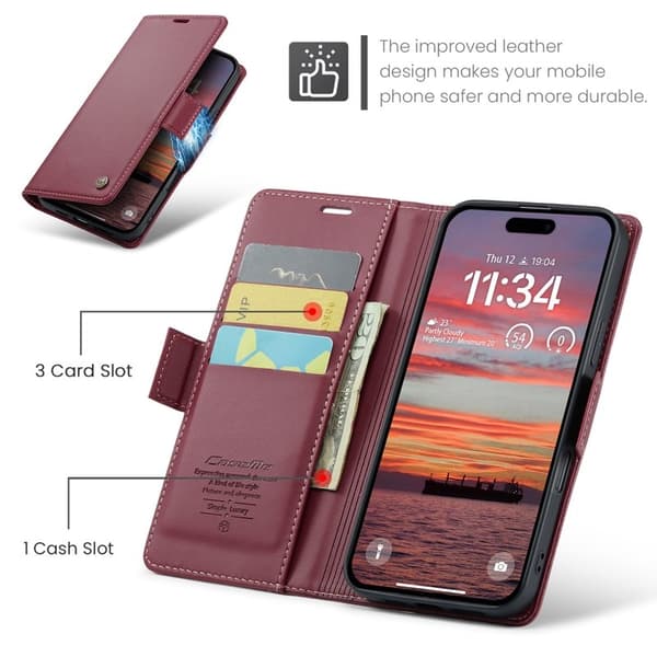 CASEME 023 iPhone 17 Pro Max Konstläder Plånboksfodral RFID-Skydd Röd