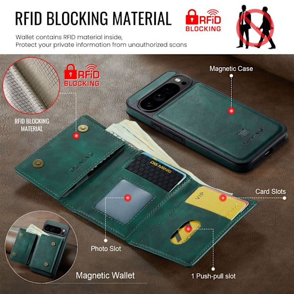 DG.MING M6 Series Konstläder Plånboksfodral för Google Pixel 10 Pro XL - Grön