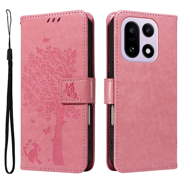 OnePlus 15 5G Plånboksfodral Cat Tree Pattern Konstläder Rosa