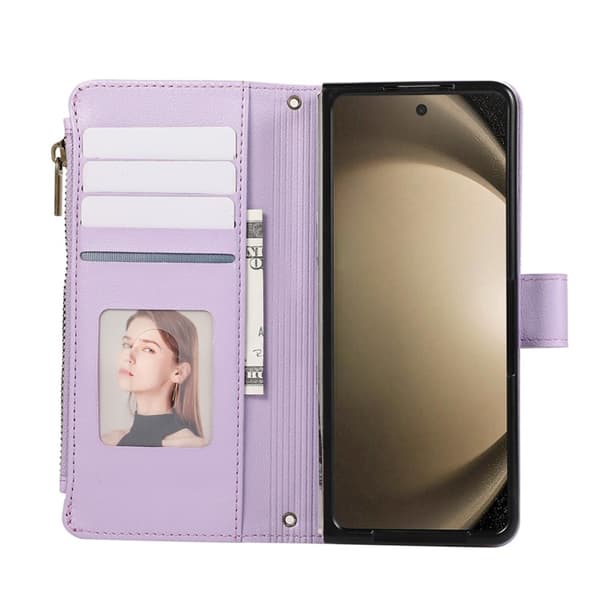 Galaxy Z Fold 7 Plånboksfodral Multi Zipper Läder - Lila Lila