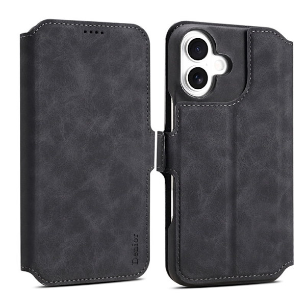DENIOR B07 iPhone 16 Plus Plånboksfodral Konstläder Avtagbart - Svart