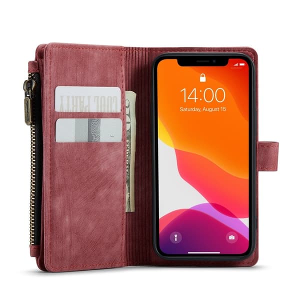 CASEME Konstläder Plånboksfodral för iPhone 12 mini med rem - Röd