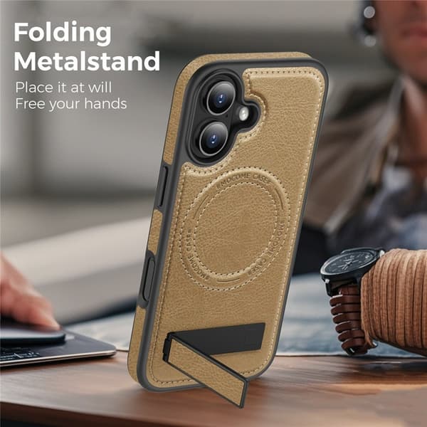 Mobilskal till iPhone 17 MagSafe Kickstand Läder - Guld Guld