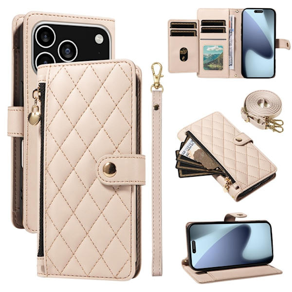 iPhone 17 Pro Plånboksfodral Rhombus Läder - Beige Beige