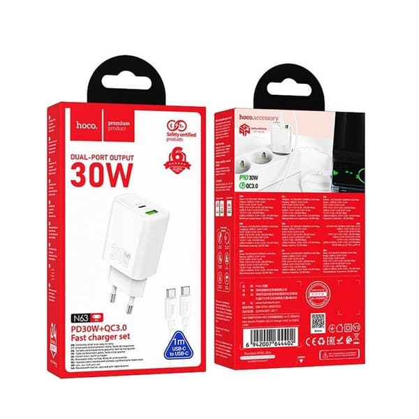 Hoco Hurtigoplader 30W 1xUSB-A 1xUSB-C med USB-C Kabel N63 - Hvid Vit