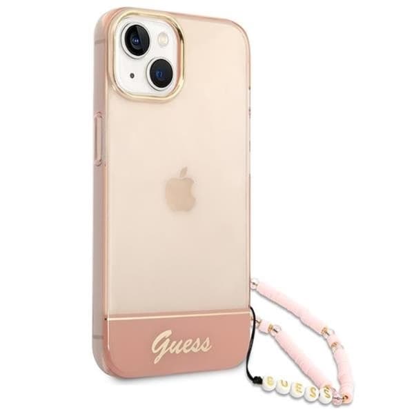 GUESS iPhone 14 Plus Kuori Translucent Pearl Strap - Pinkki Rosa