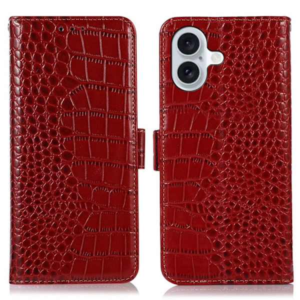 iPhone 17 Plånboksfodral Äkta Läder Crocodile - Röd Röd