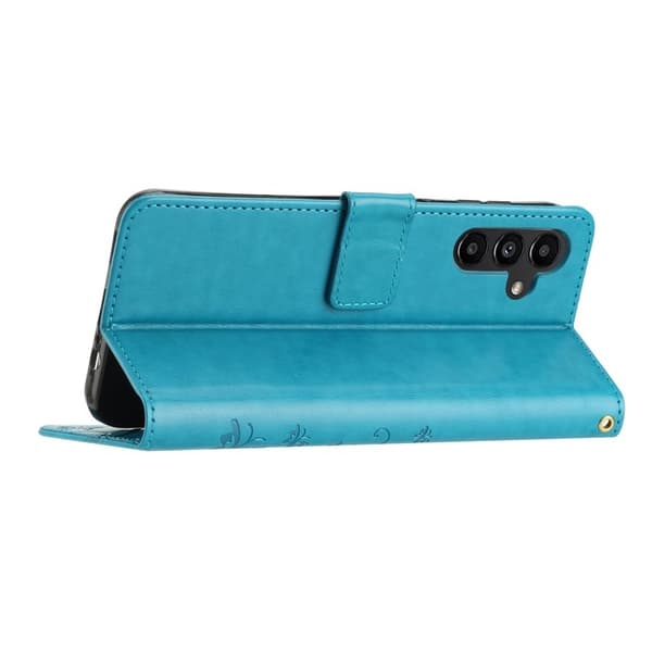 Samsung Galaxy S26 Plus Plånboksfodral Konstläder Fjäril Blommor - Blå