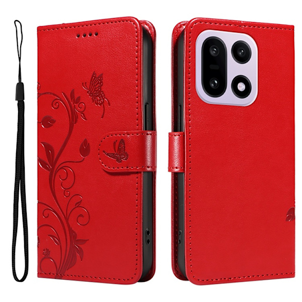 OnePlus 15 5G Plånboksfodral Flower Pattern Konstläder Röd